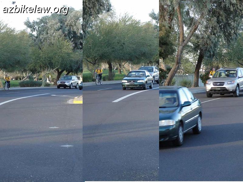 gutterbunny.jpg - don't be a gutter bunny. This cyclist is riding noticable in the gutter. Note the tan SUV didn't change lanes.  Hopefully (properly placed) sharrows can help with this.1/5/2012
