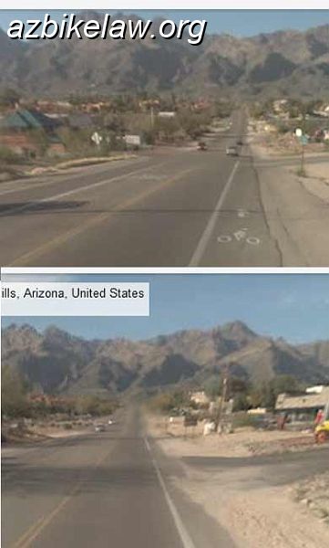 tucsonSabinoCanyonAndSnyder.jpg - (source: google maps; retrieved 1/20/2012; street view is undated)Two vies of NB Sabino Canyon Road, a little north of Snyder Rd. Note the "Bike Route" D11-1 green/advisory sign, ground marking appears to be a bicycle lane marking.In the bottom photo, deep sand encroachment. The road has an "open shoulder" (there is no gutter or curb.Is this a bike lane?It is marked on the Tuscon Metro Bike Map in red, denoting "Bike Route with Striped Shoulder". 